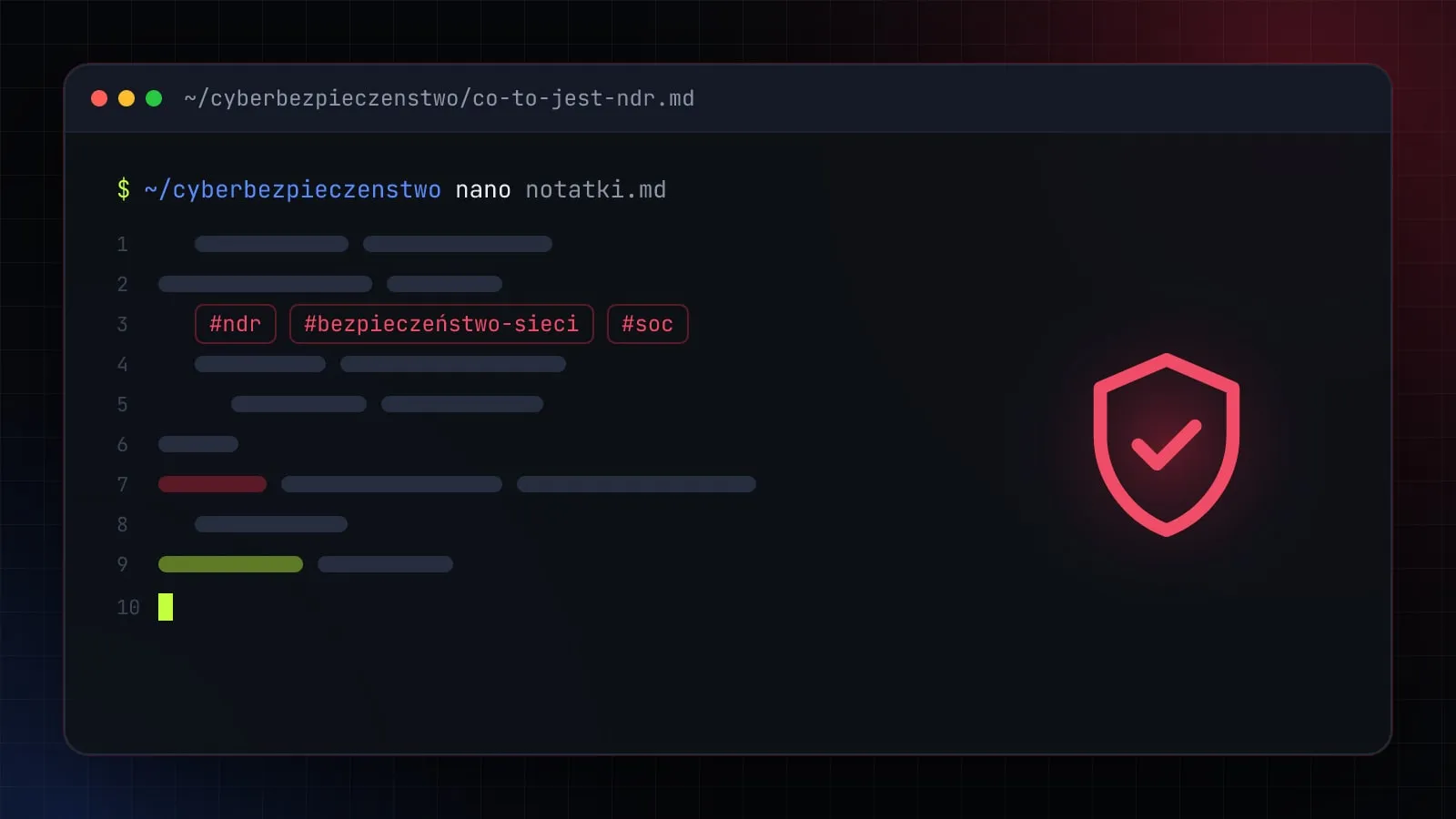 Ilustracja do artykułu „Co to jest NDR (Network Detection and Response)? Jak działa i czym różni się od IDS i EDR” — okno edytora z ikoną działu Cyberbezpieczeństwo